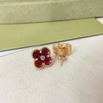 [⭐Sparkve]2026 NEW  CLOVER 1 MOTIFPINK ENAMEL STUD EARRINGS WITH DIAMONDS