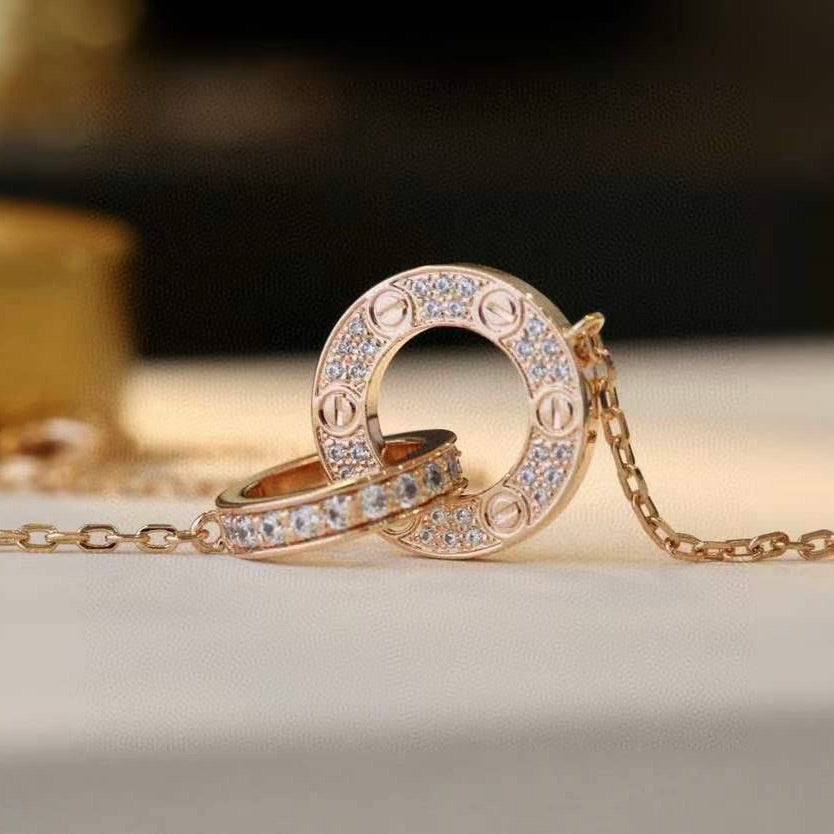 [⭐Sparkve]LOVE 7.6MM NECKLACE ROSE GOLD AND SILVER  FULL DIAMOND