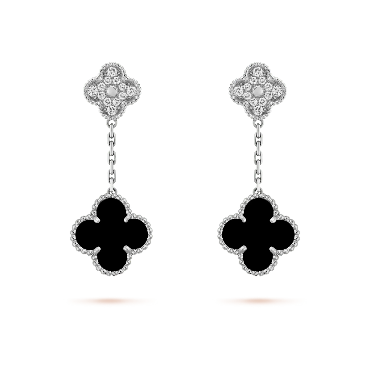 [⭐Sparkve]CLOVER 2 MOTIFS  DIAMOND ONYX EARRINGS SILVER