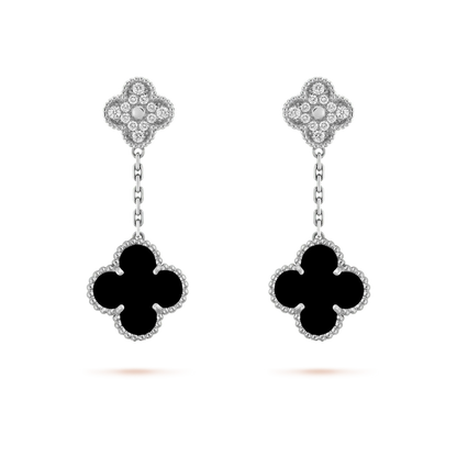 [⭐Sparkve]CLOVER 2 MOTIFS  DIAMOND ONYX EARRINGS SILVER