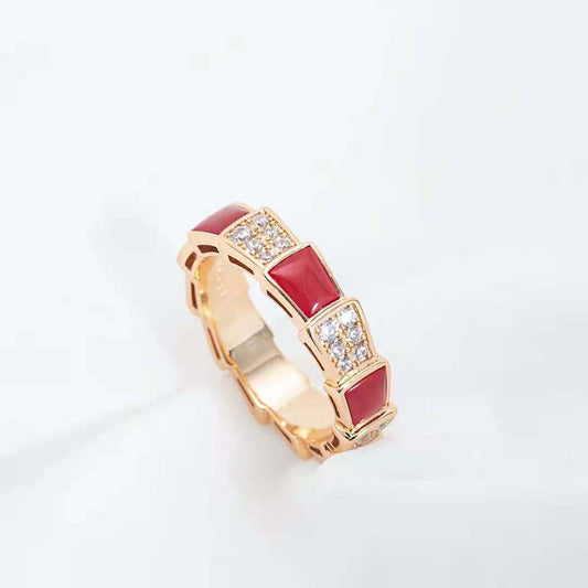 [⭐Sparkve]SERPENTI RING PINK GOLD CARNELIAN DIAMOND PAVED 4MM