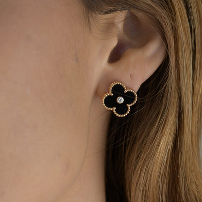 [⭐Sparkve]CLOVER MEDIUM 1 MOTIFS ONYX DIAMOND EARRINGS