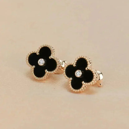 [⭐Sparkve]CLOVER MEDIUM 1 MOTIFS ONYX DIAMOND EARRINGS