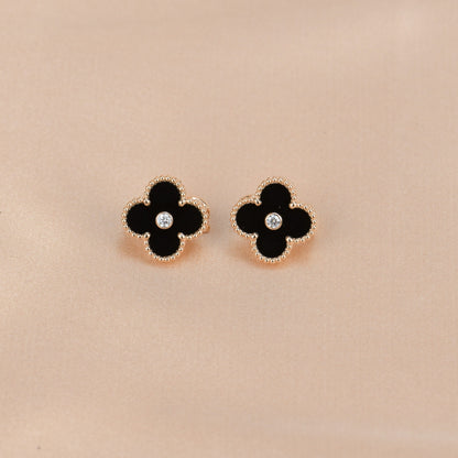 [⭐Sparkve]CLOVER MEDIUM 1 MOTIFS ONYX DIAMOND EARRINGS