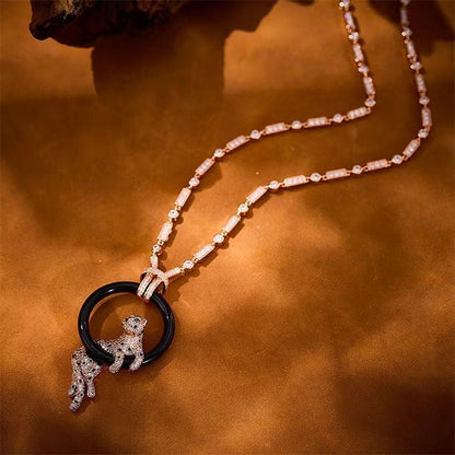 [⭐Sparkve jewelrys]NEW BLACK CIRCLE PANTHER FULL DIAMOND NECKLACE