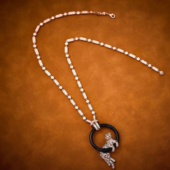 [⭐Sparkve jewelrys]NEW BLACK CIRCLE PANTHER FULL DIAMOND NECKLACE