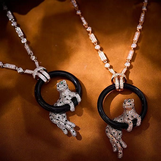 [⭐Sparkve jewelrys]NEW BLACK CIRCLE PANTHER FULL DIAMOND NECKLACE