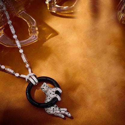 [⭐Sparkve jewelrys]NEW BLACK CIRCLE PANTHER FULL DIAMOND NECKLACE