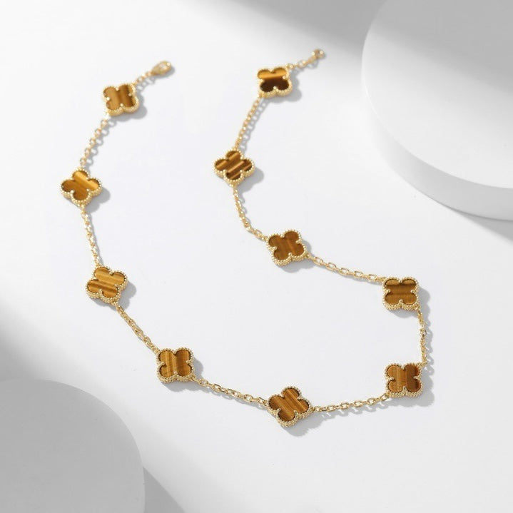 [⭐Sparkve]CLOVER 10 MOTIFS TIGER EYE NECKLACE