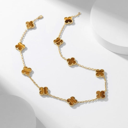 [⭐Sparkve]CLOVER 10 MOTIFS TIGER EYE NECKLACE
