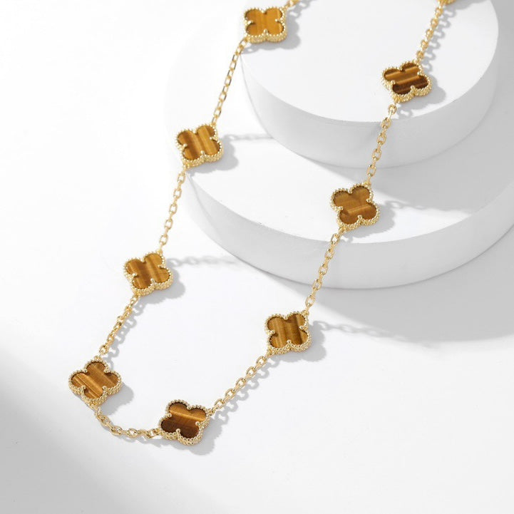 [⭐Sparkve]CLOVER 10 MOTIFS TIGER EYE NECKLACE