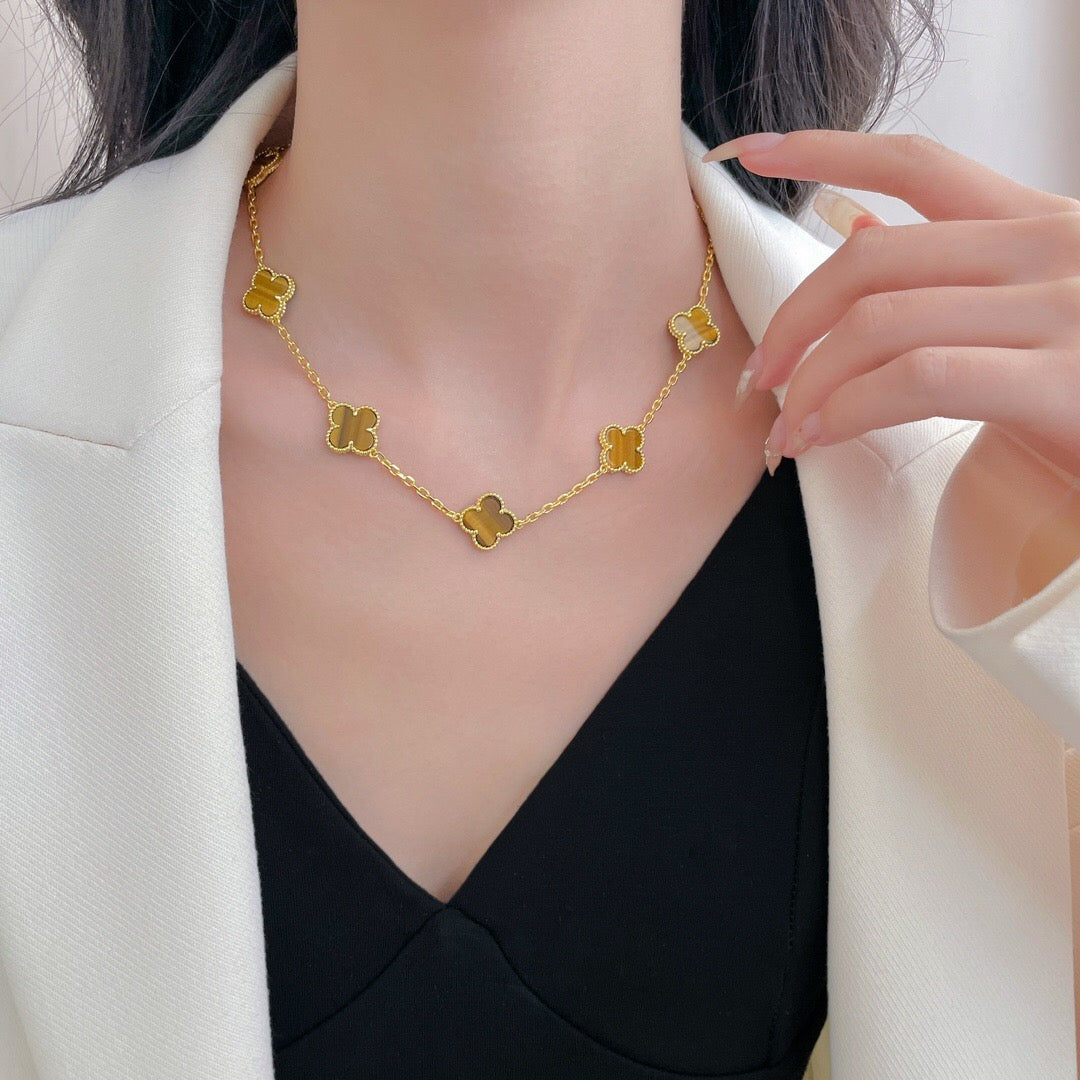 [⭐Sparkve]CLOVER 10 MOTIFS TIGER EYE NECKLACE