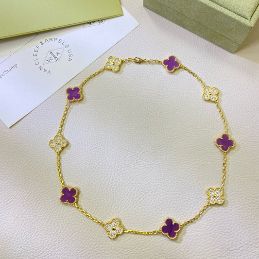 [⭐Sparkve Jewelry]CLOVER 10 MOTIFS  PURPLE VIOLET DIAMOND NECKLACE