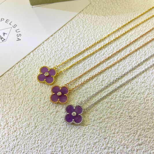 [⭐Sparkve Jewelry]CLOVER 15MM DIAMOND  PURPLE VIOLET NECKLACE