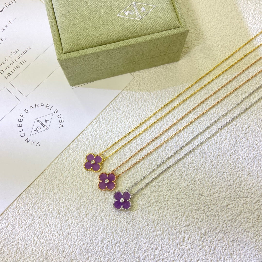 [⭐Sparkve Jewelry]CLOVER 15MM DIAMOND  PURPLE VIOLET NECKLACE