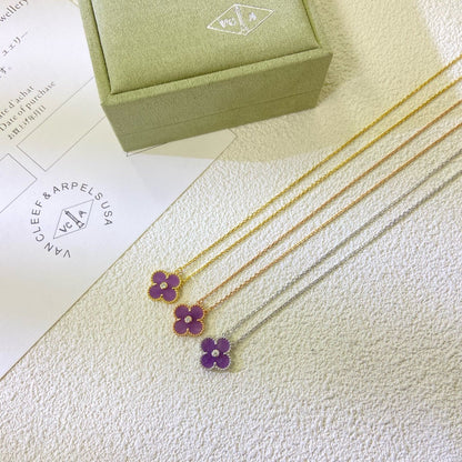 [⭐Sparkve Jewelry]CLOVER 15MM DIAMOND  PURPLE VIOLET NECKLACE