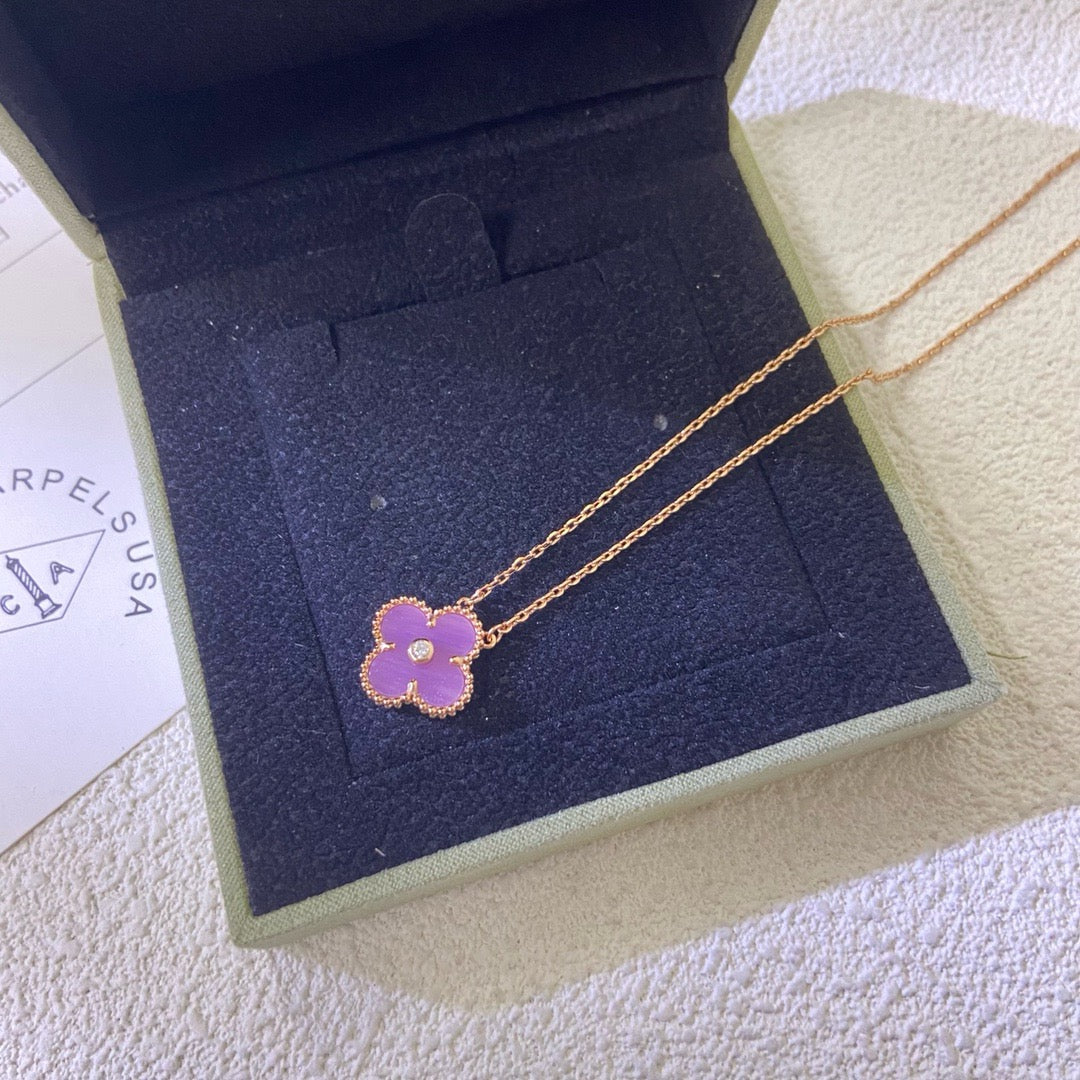 [⭐Sparkve Jewelry]CLOVER 15MM DIAMOND  PURPLE VIOLET NECKLACE