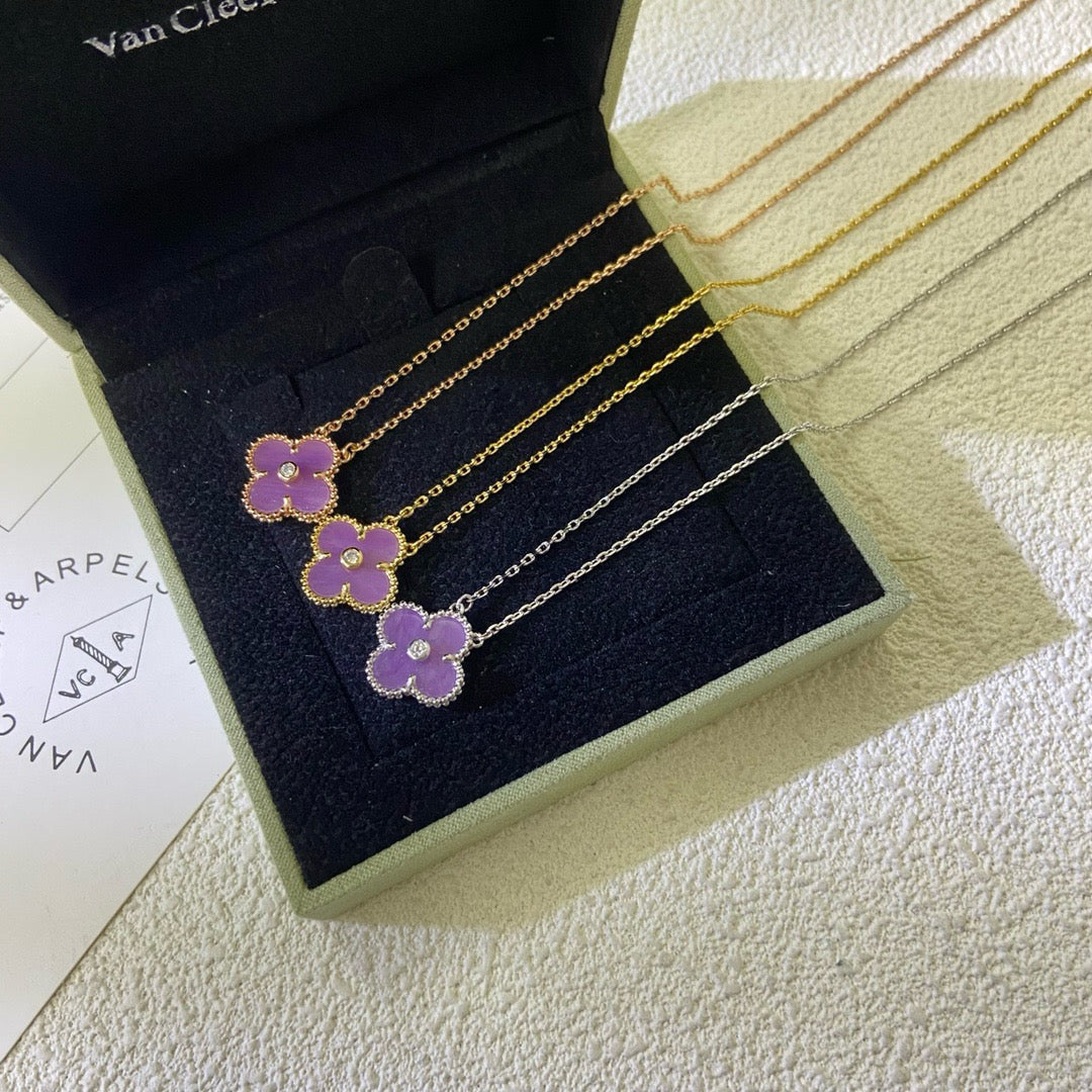 [⭐Sparkve Jewelry]CLOVER 15MM DIAMOND  PURPLE VIOLET NECKLACE