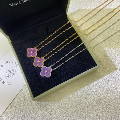 [⭐Sparkve Jewelry]CLOVER 15MM DIAMOND  PURPLE VIOLET NECKLACE