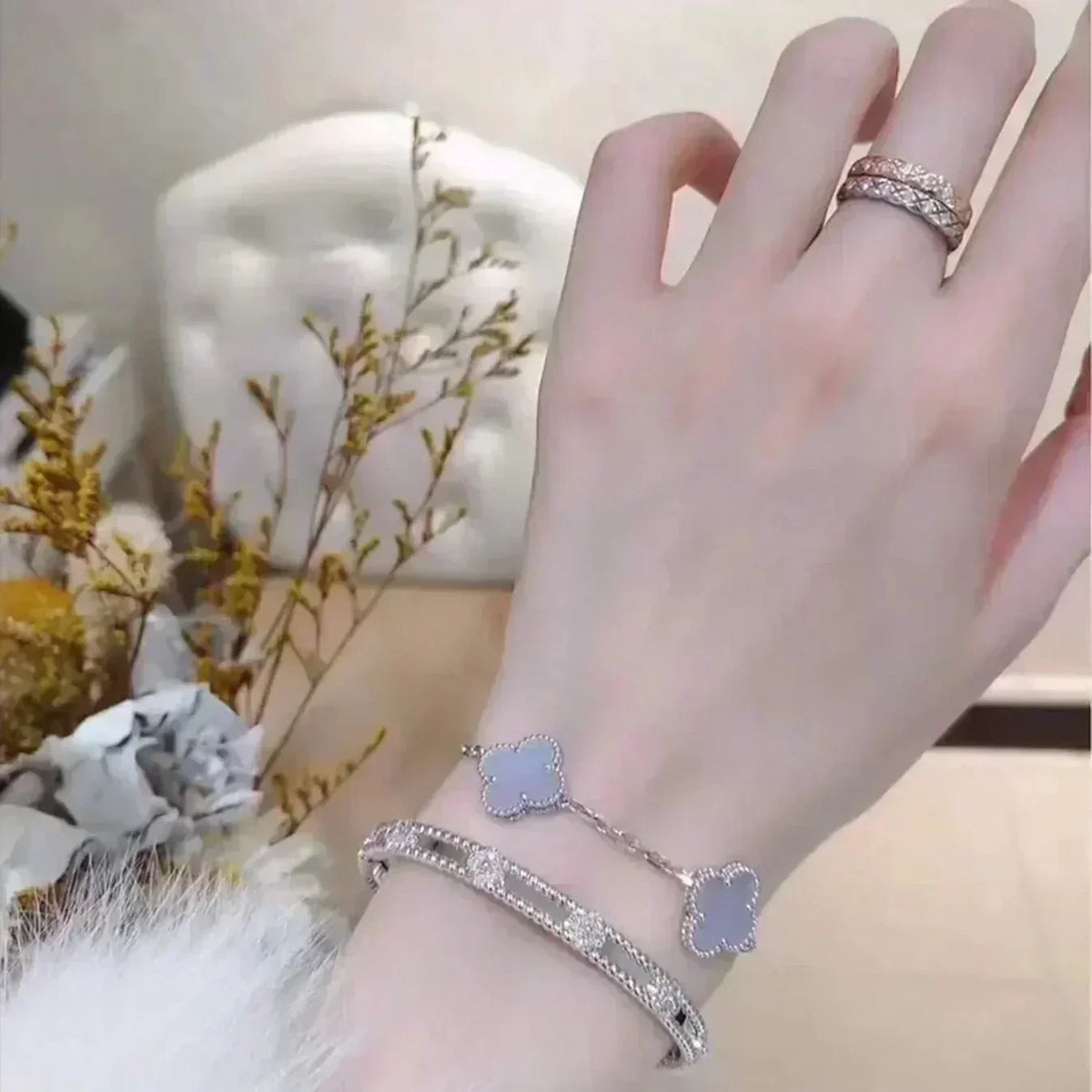 [⭐Sparkve] CLOVER 5 MOTIF PURPLE CHALCEDONY BRACELET COLLECTION