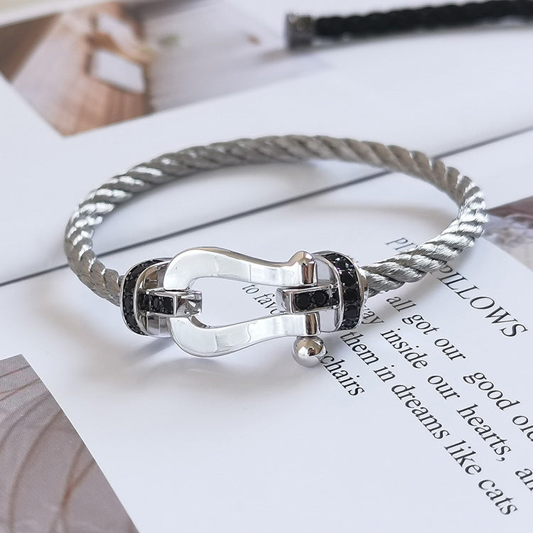 [⭐Sparkve]FORCE LARGE HORSESHOE BLACK DIAMOND BRACELET SILVER