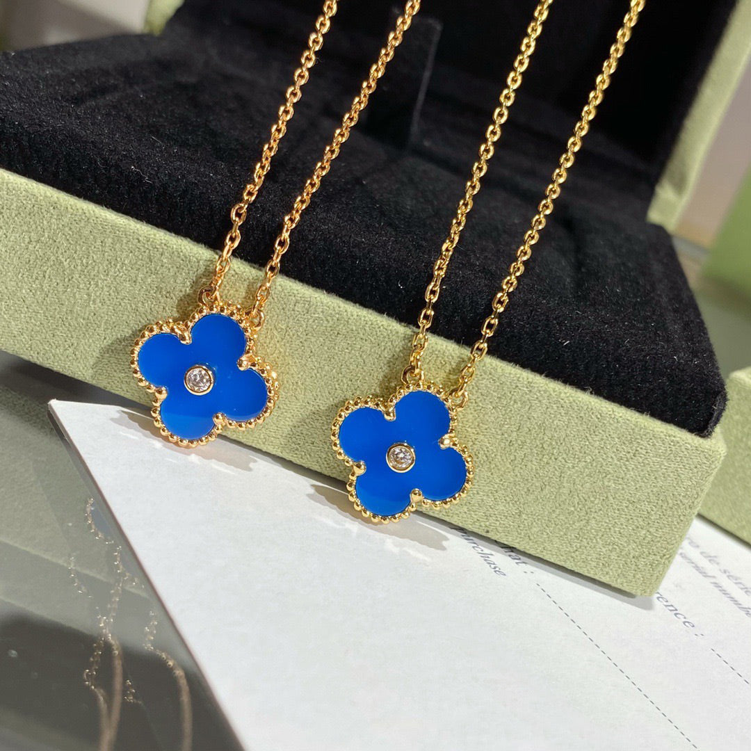 [⭐Sparkve]CLOVER 15MM DIAMOND AND BLUE AGATE NECKLACE