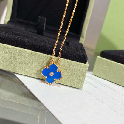 [⭐Sparkve]CLOVER 15MM DIAMOND AND BLUE AGATE NECKLACE