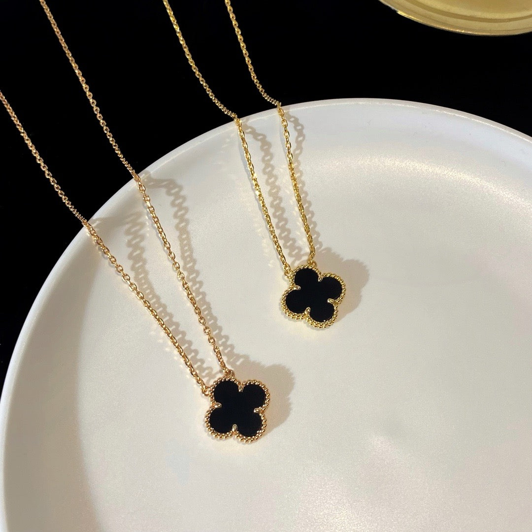 [⭐Sparkve]CLOVER 15MM BLACK ONYX SINGLE FLOWER NECKLACE
