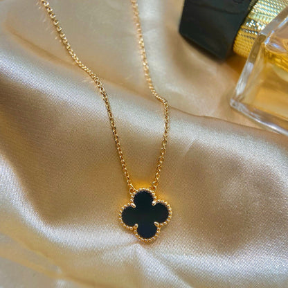 [⭐Sparkve]CLOVER 15MM BLACK ONYX SINGLE FLOWER NECKLACE