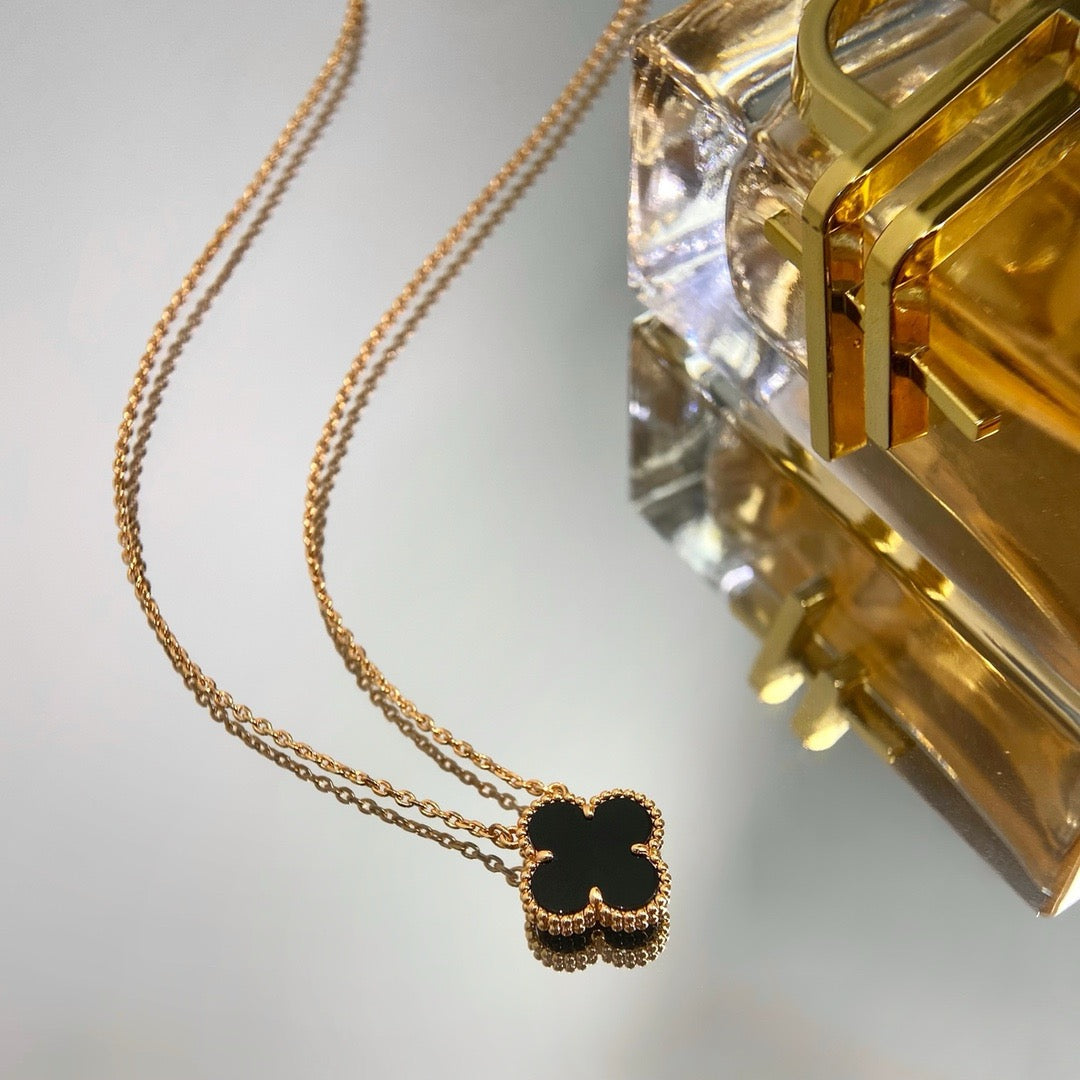 [⭐Sparkve]CLOVER 15MM BLACK ONYX SINGLE FLOWER NECKLACE
