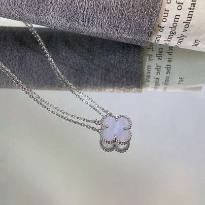 [⭐Sparkve]CLOVER 15MM BLUE CHALCEDONY NECKLACE SILVER