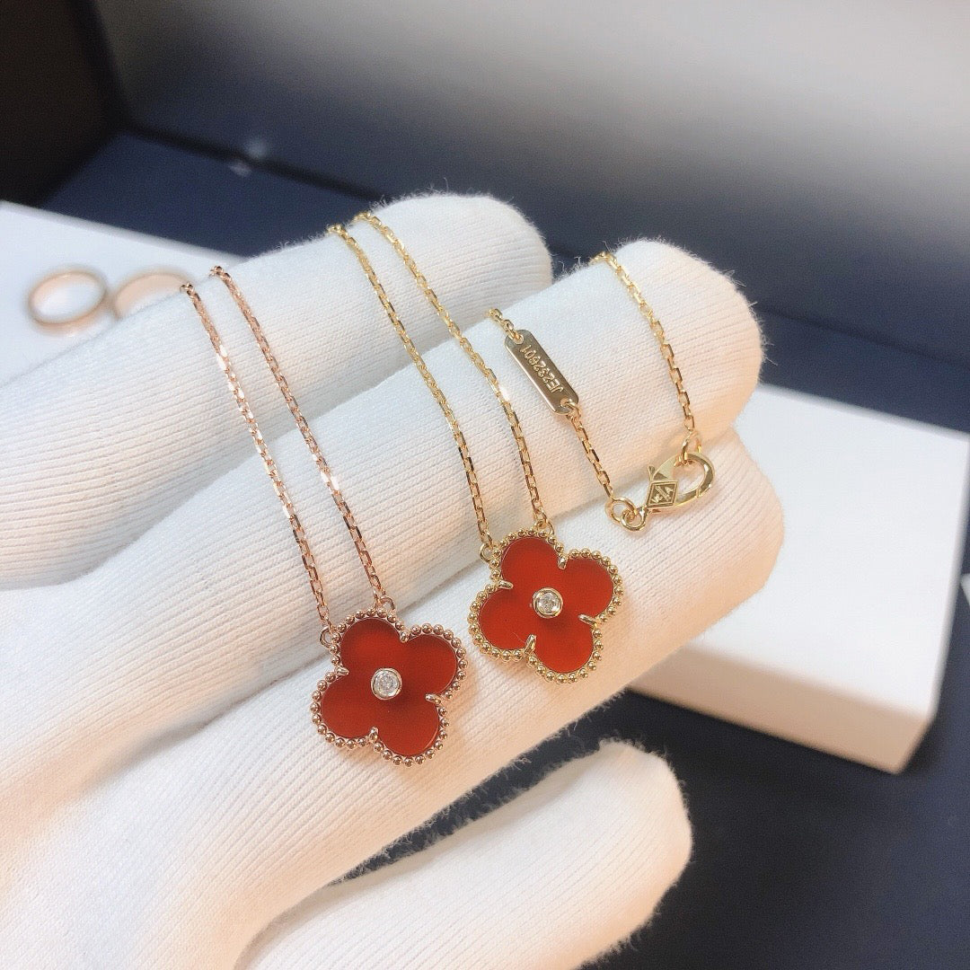 [⭐Sparkve]CLOVER 15MM DIAMOND CARNELIAN NECKLACE