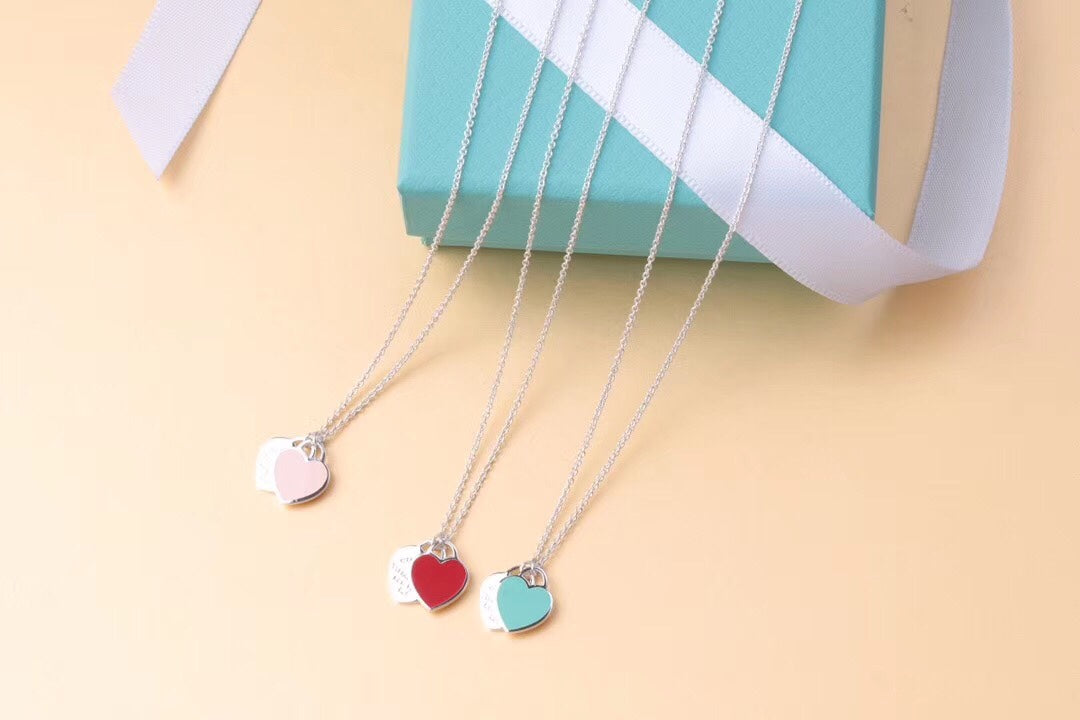 [⭐Sparkve Jewels]DOUBLE HEART TAG PENDANT SILVER MINI NECKLACE