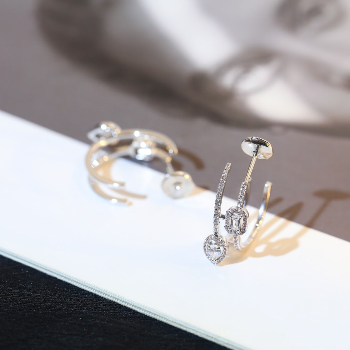[⭐Sparkve]CREOLES MY TWIN 2 RANGS SILVER DIAMOND EARRINGS