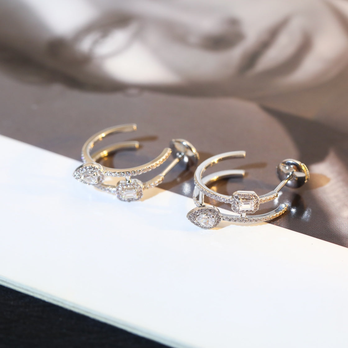 [⭐Sparkve]CREOLES MY TWIN 2 RANGS SILVER DIAMOND EARRINGS