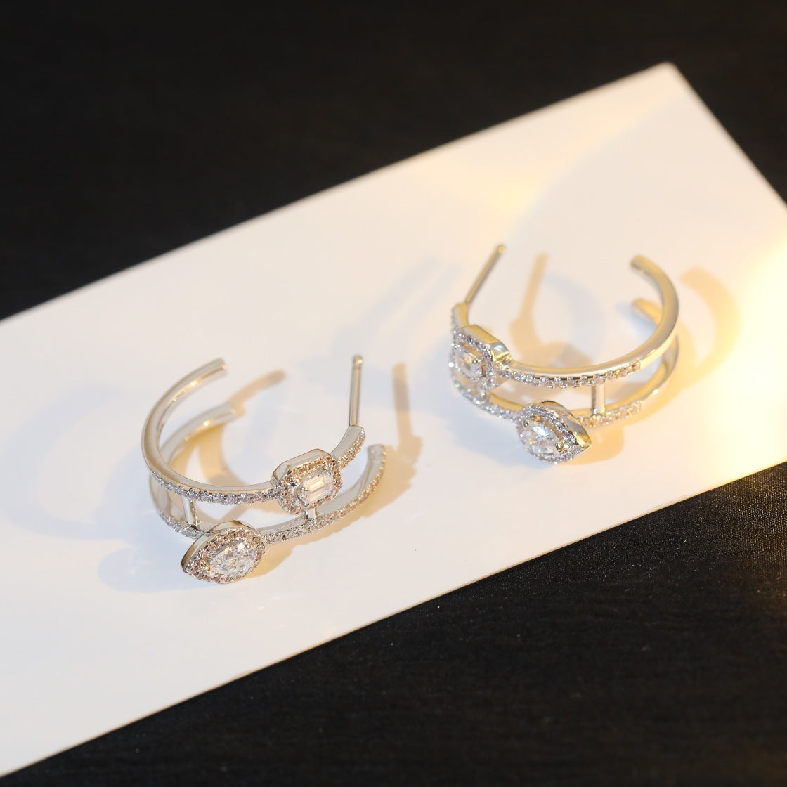 [⭐Sparkve]CREOLES MY TWIN 2 RANGS SILVER DIAMOND EARRINGS