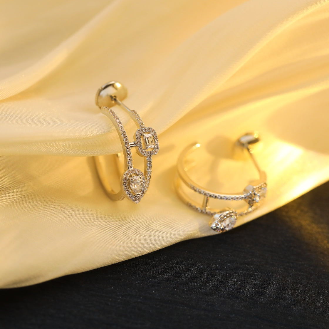 [⭐Sparkve]CREOLES MY TWIN 2 RANGS SILVER DIAMOND EARRINGS
