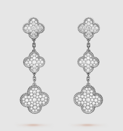 [⭐Sparkve]CLOVER 3 MOTIF DIAMOND SILVER DROP EARRINGS