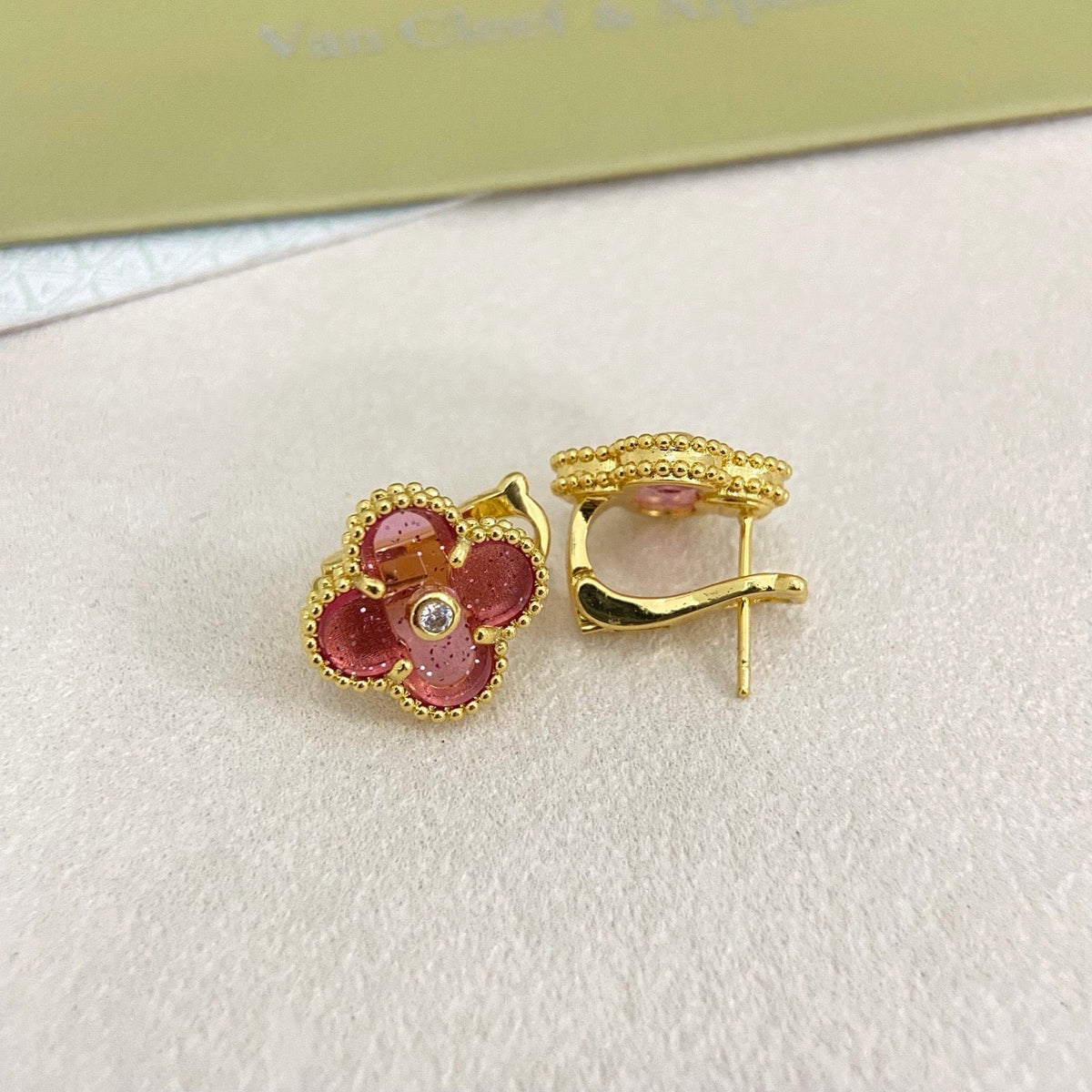 [⭐Sparkve]2026 NEW  CLOVER 1 MOTIFPINK ENAMEL STUD EARRINGS WITH DIAMONDS2