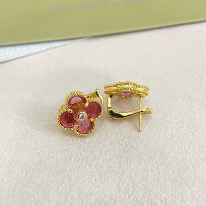 [⭐Sparkve]2026 NEW  CLOVER 1 MOTIFPINK ENAMEL STUD EARRINGS WITH DIAMONDS2