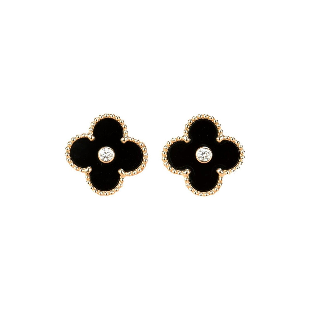 [⭐Sparkve]CLOVER MEDIUM 1 MOTIFS ONYX DIAMOND EARRINGS