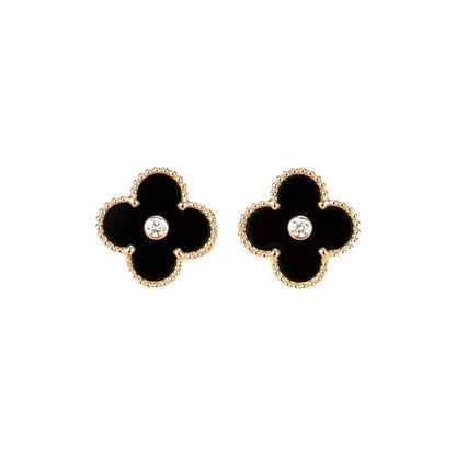 [⭐Sparkve]CLOVER MEDIUM 1 MOTIFS ONYX DIAMOND EARRINGS