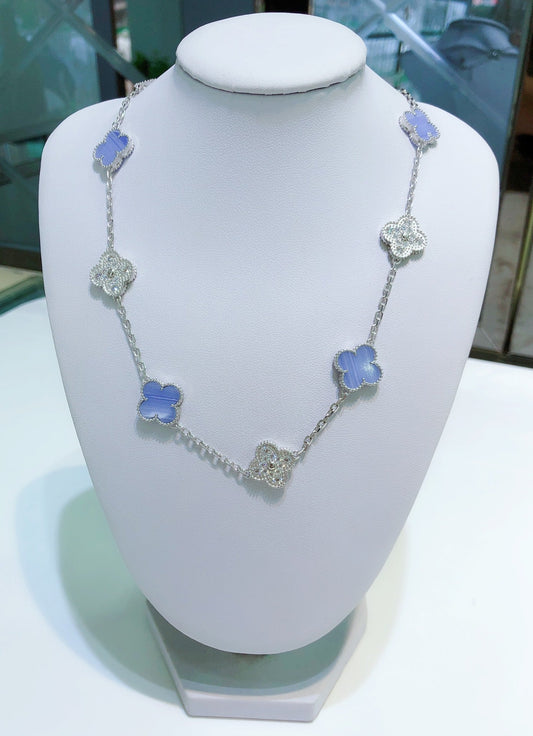 [⭐Sparkve]CLOVER 10 MOTIFS CHALCEDONY DIAMONDS SILVER NECKLACE