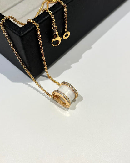[⭐Sparkve]ZERO 1 WHITE CERAMIC DIAMOND PINK GOLD NECKLACE